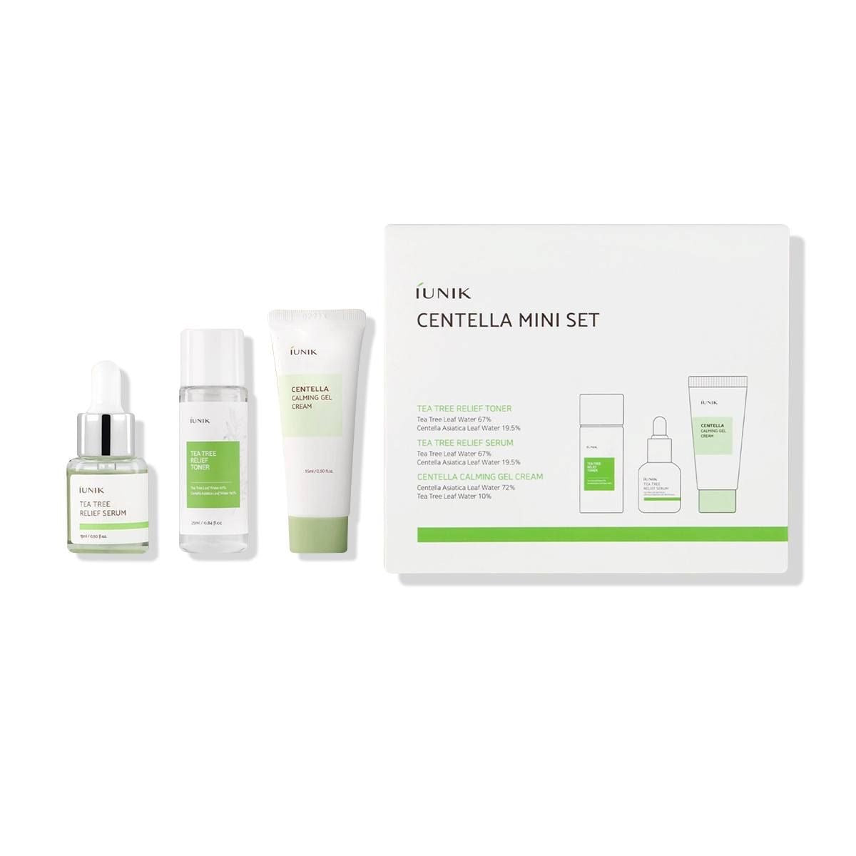 iUNIK Centella Mini Set Travel-Friendly Skincare Set Tea Tree Relief Toner Serum Centella Calming Gel Cream